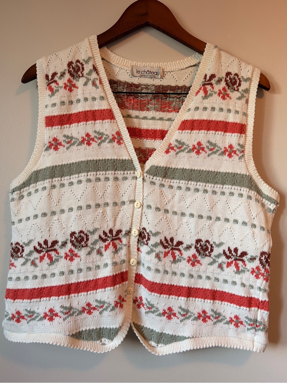 Vintage 90s Le Chateau Knit Fair Isle Embroidered Sweater Vest Medium Large M/L